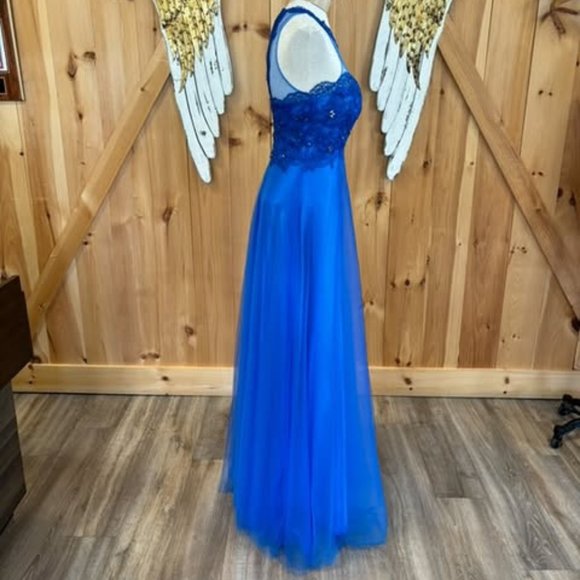 Dark blue with dark blue lace within neckline and ribs special occasion dress - Picture 2 of 7